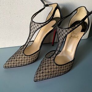 Christian Louboutin Black Lace T-Strap Pointed Toe Slingbacks with Red Soles